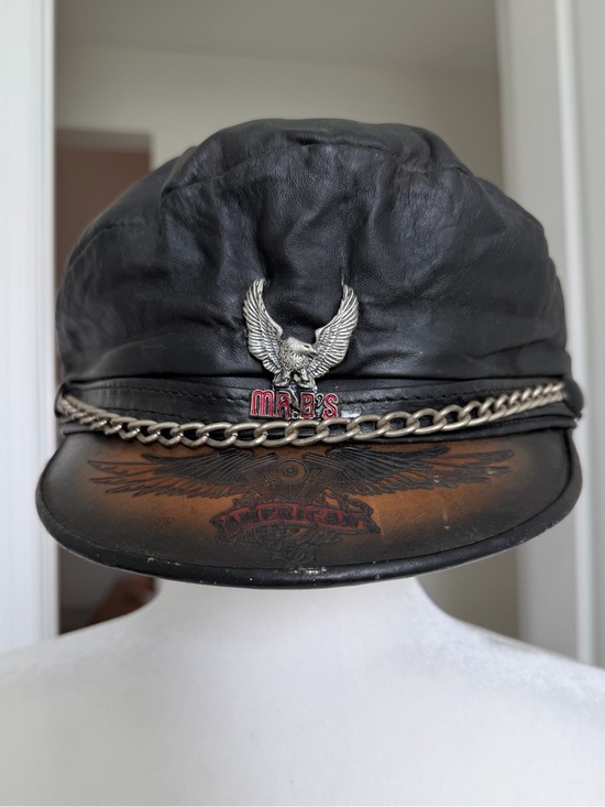 Vintage 90s Leather Biker Captain Hat USA Eagle Chain Moto Rocker Y2K Americana main image 11